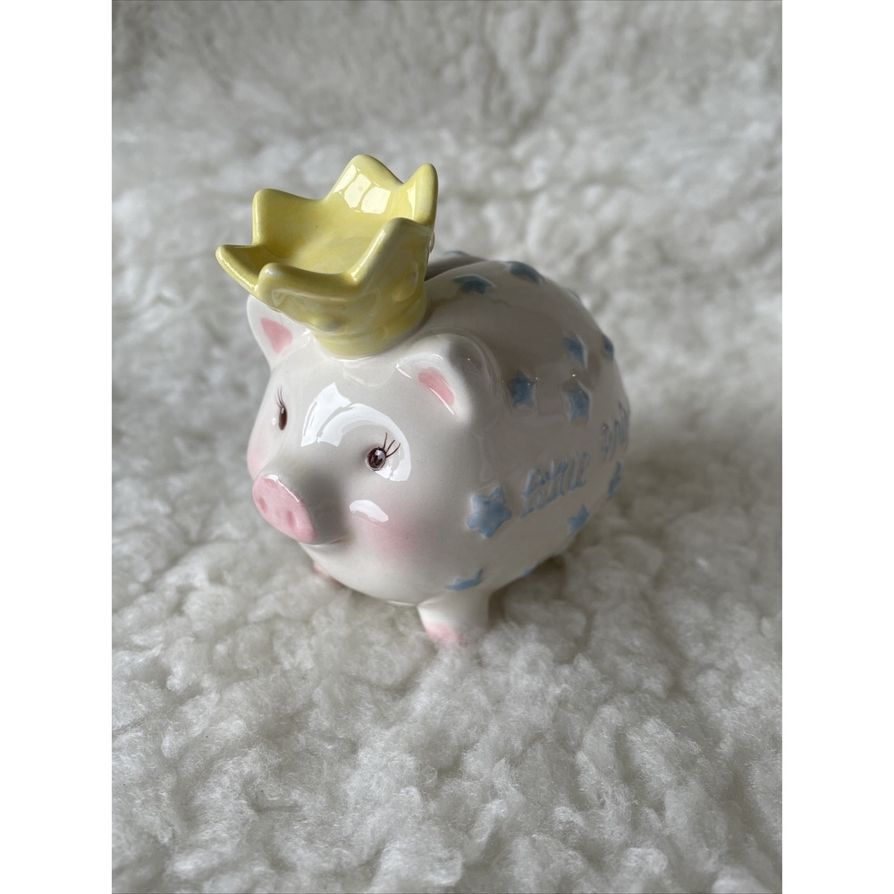 MUD PIE BABY LITTLE PIG PRINCE‎ COIN BANK Blue White Pink With Yellow Crown!